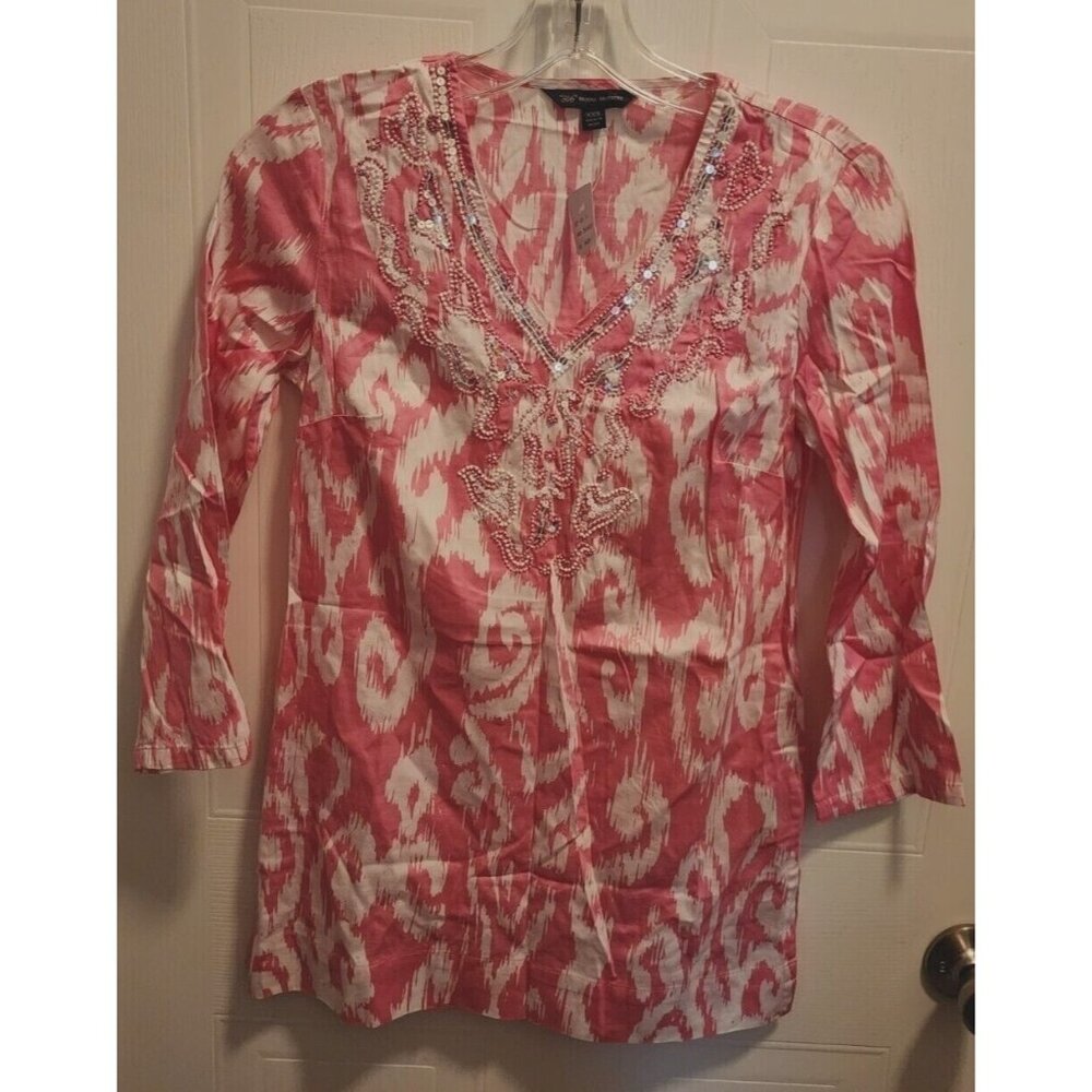 NEW Brooks Brothers Women's 3/4 Sleeve Beaded V Neck Popover Tunic Top Pink XXS‎